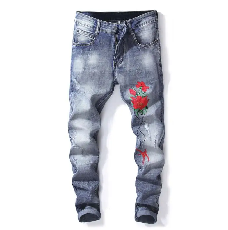 Embroidered Men's Flower Skinny Jeans Fashion Classic Washed Scratched Hole Slim High Quality #5557