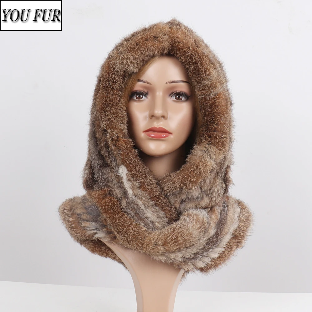 

New Lady Knitted 100% Natural Rabbit Fur Hats Women Winter Warm Knit Real Rabbit Fur Scarves Caps Female Rabbit Fur Scarf Cap