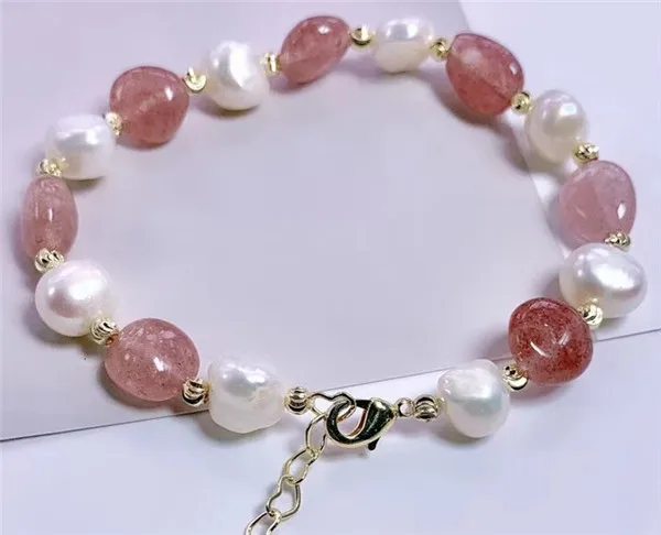 HABITOO Handmade Natural 8-9mm White Freshwater Pearl Strawberry Quartz Gold Bead Bracelet for Women Jewelry Lobster Clasp 19cm