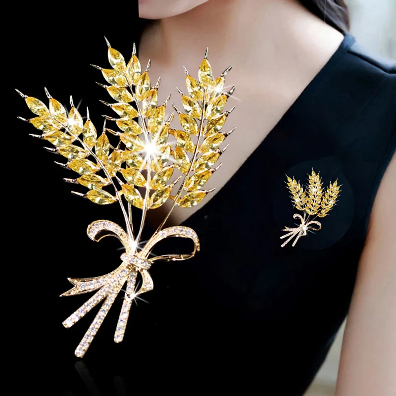 

2021 New Hot Luxury Cubic Zirconia Wheat Brooches for Women Collar Pins Shining Broches Accessories Jewelry Mother's Day Gift