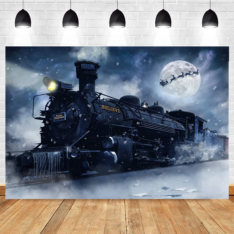 Christmas Backdrop Moon Decor Sleigh Snowflake Xmas Day Party Photo Background Birthday Party Banner Polar Express Train Photo