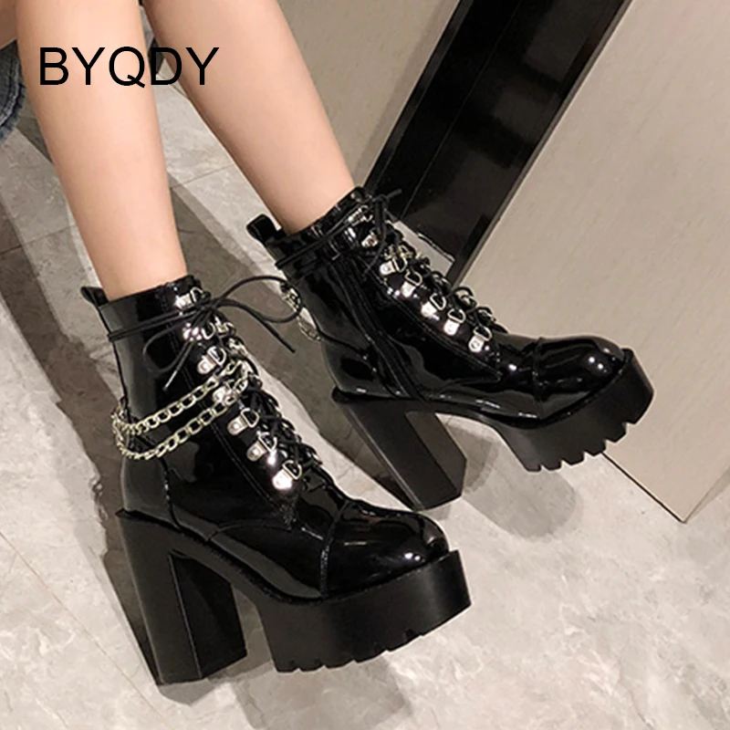 BYQDY Autumn Patent Leather Female Ankle Boots Platform Metal Chains Punk Style Women Short Boots Thick High Heeled Ladies Shoes