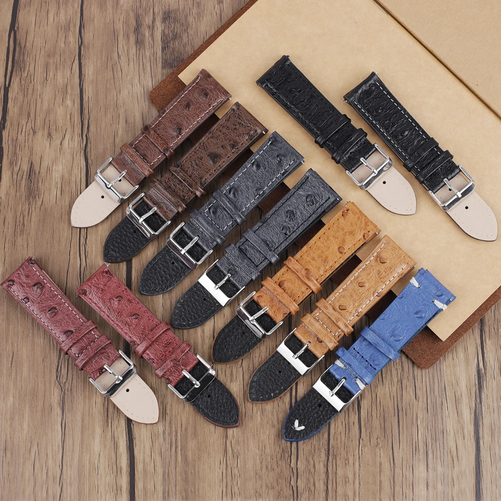 Vintage Ostrich Pattern Leather Watchband 18mm 20mm 22mm 24mm Black Watch Strap Belt for Watch Repalcement