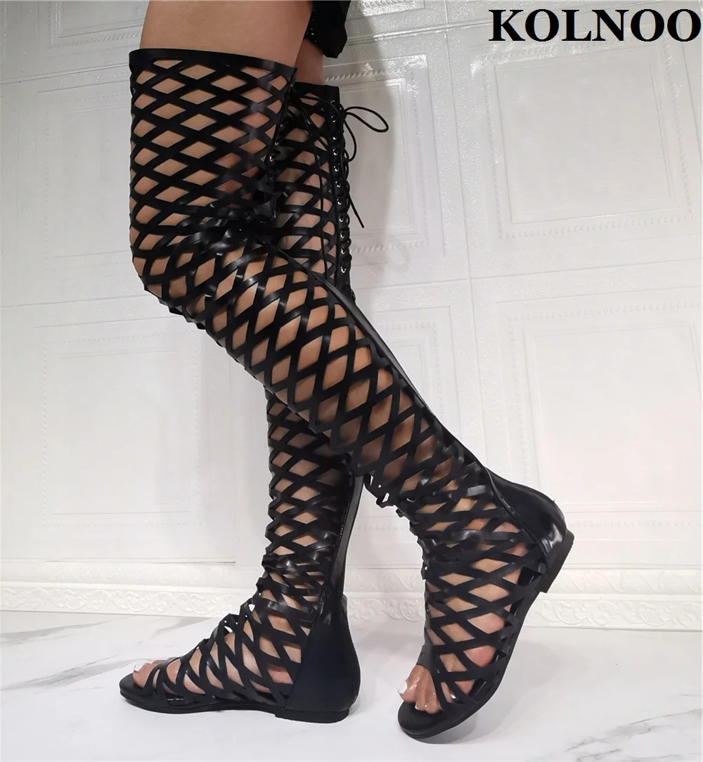 Kolnoo New Euro Style Handmade Womens Thigh High Sandals Cut-Out Sexy Evening Club Summer Shoes Real Photo Fashion Party Shoes