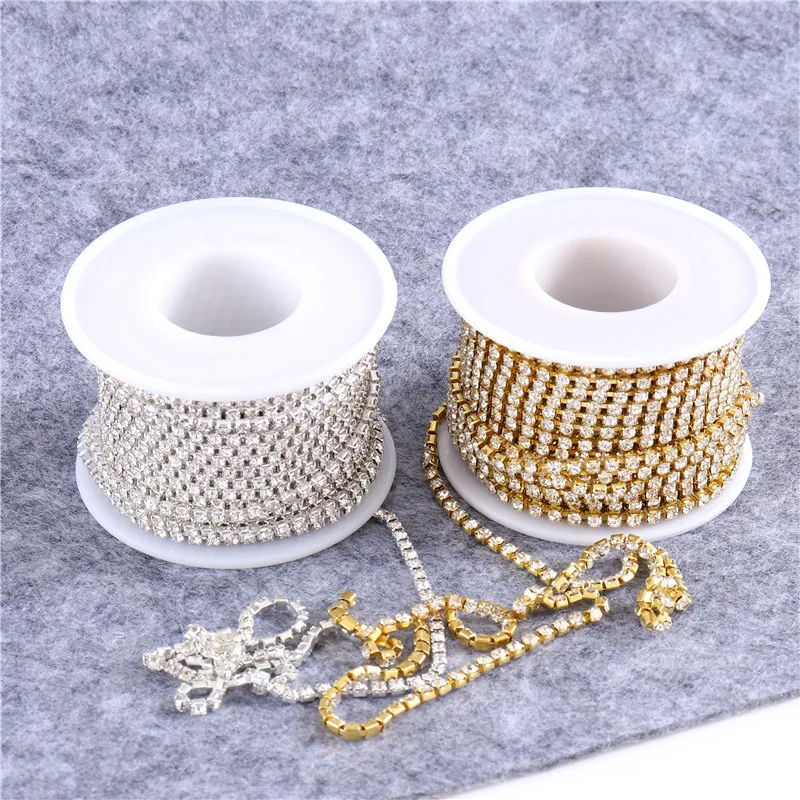 New 2mm-4mm Glass Rhinestone Chain with Silver Base Crystal Faltback Sewing Accessories for Garment Bags decorations