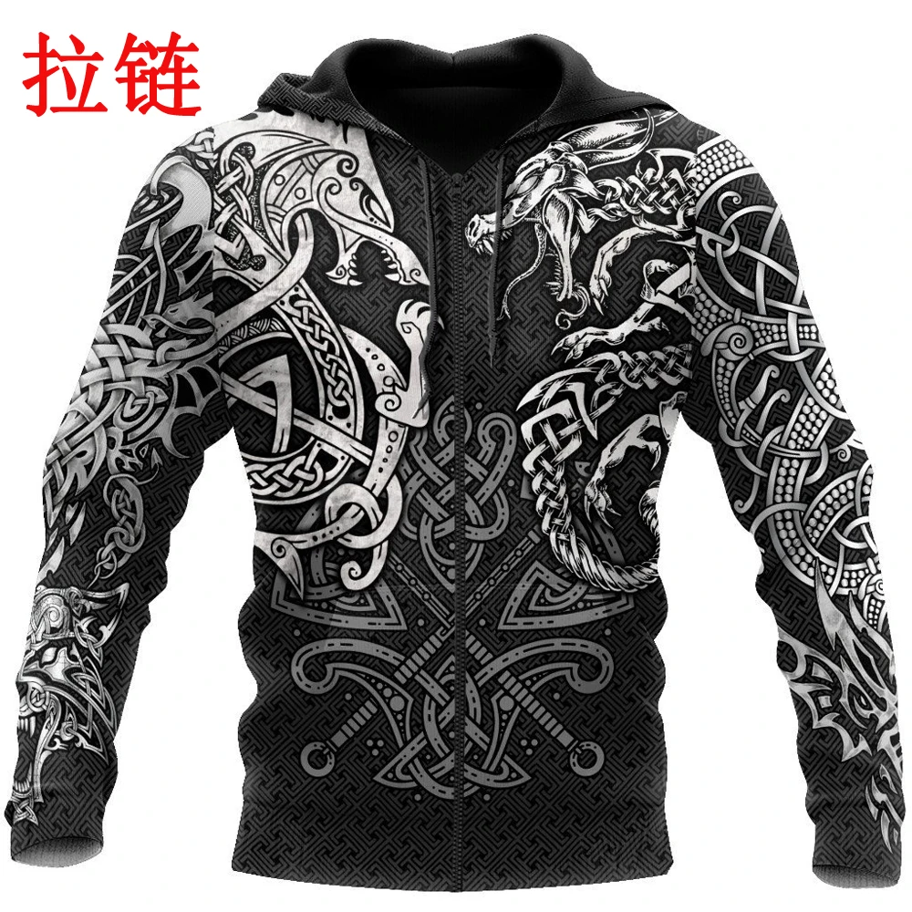 Fenrir-Sweat-shirt imprimé loup et dragon pour hommes, sweats à capuche College en 3D, streetwear unisexe, pull à fermeture éclair, veste décontractée, survêtement, KJ0 Stuffed