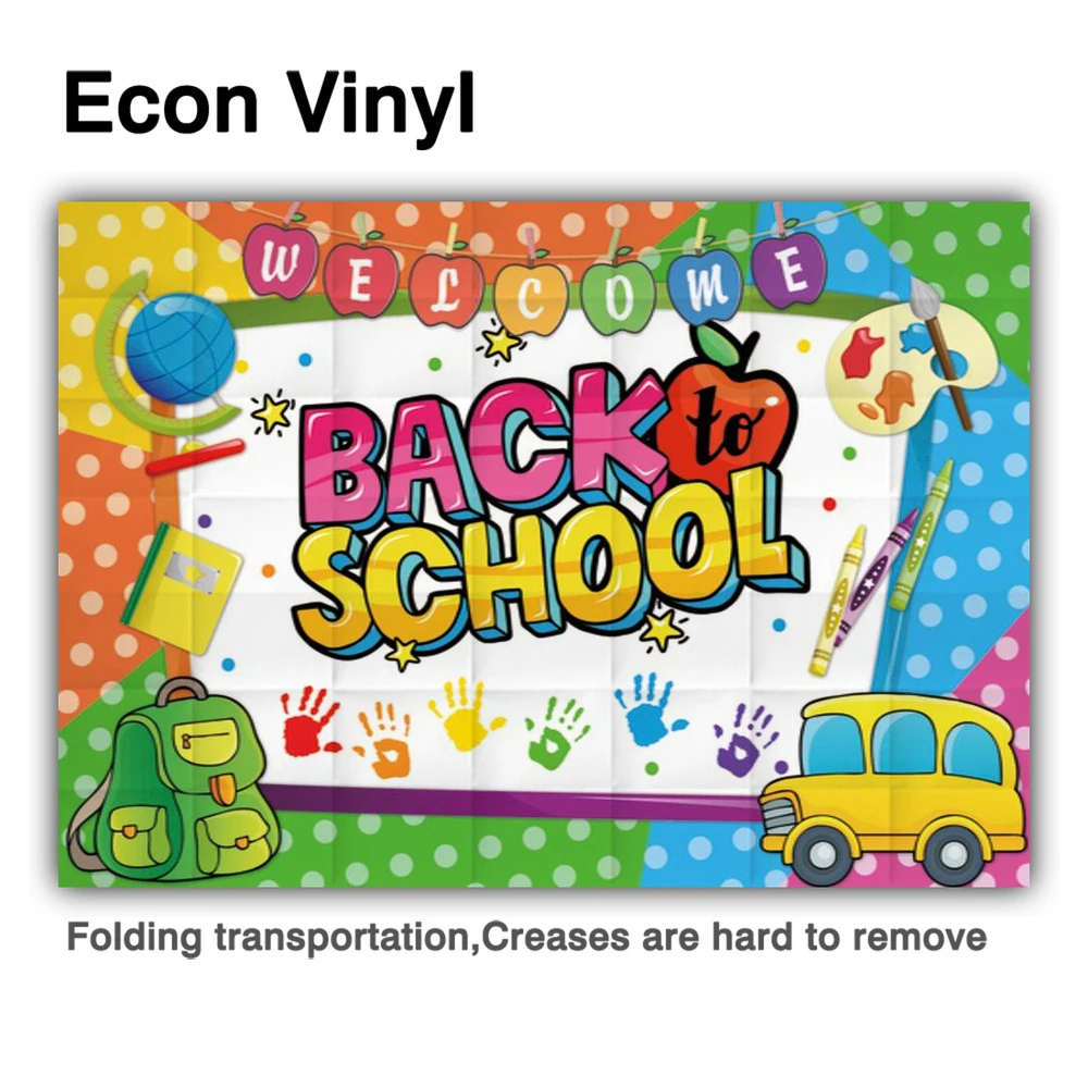 Allenjoy Background Welcome Back To School Holiday End Study Start Pencils Bag Bus Colorful Dots Whiteboard Backdrop Photo Zone