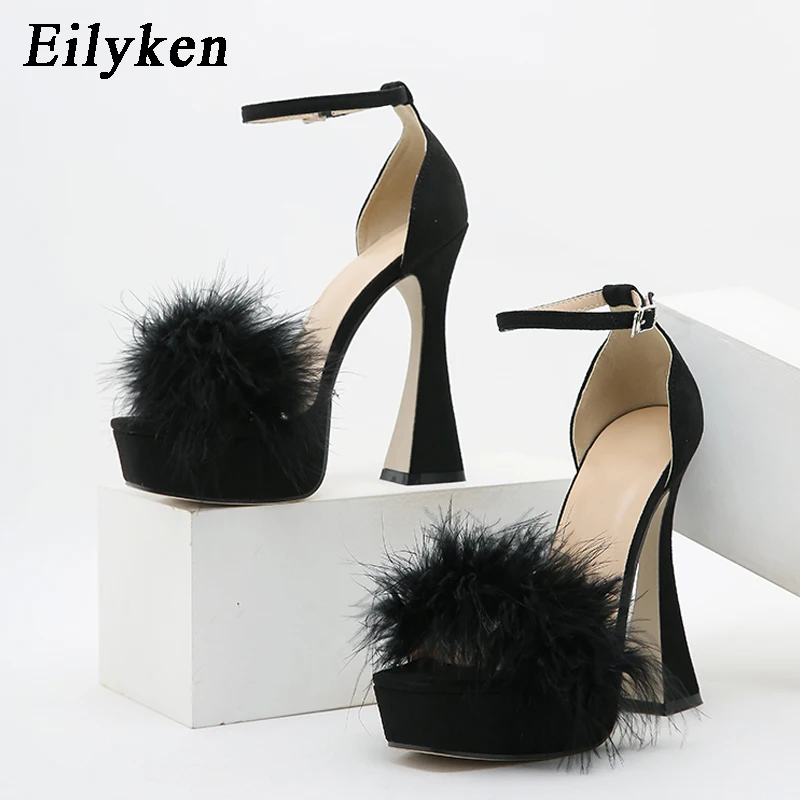 Eilyken Designer Faux Fur Chunky High Heels Sandals Fashion Peep Toe Buckle Strap Platform Women Stripper Shoes Size 35-41