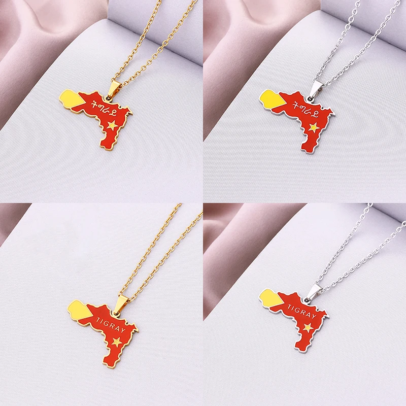 Fashion Enamel Gold Color Tigray Region Map Flag of Ethiopia Pendant Necklaces for Women Girls stainless steel jewelry