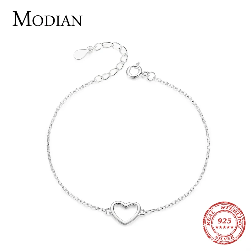 Modian Authentic 925 Sterling Silver Classic Simple Heart Link Chain Bracelet For Women Charm Fine Statement Jewelry Accessories