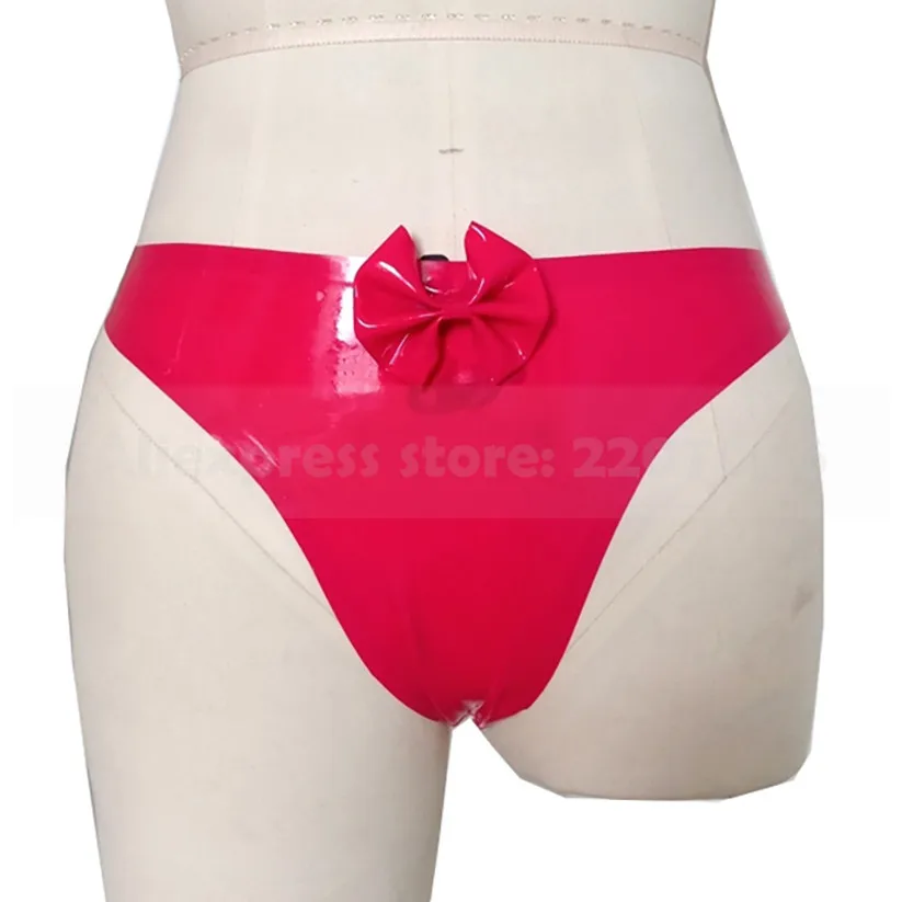 Handmade Sexy Red Latex Briefs With Bow-knot Tight T-back Women Shorts Rubber Lingerie Panties RPW088