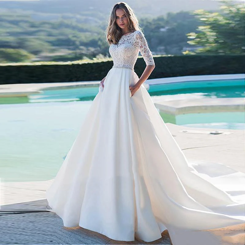 Half Sleeves Lace Top A-Line Satin Wedding Dresses 2020 Modest Satin Lace Bridal Gowns Custom Online Formal Vestidos De Mariee