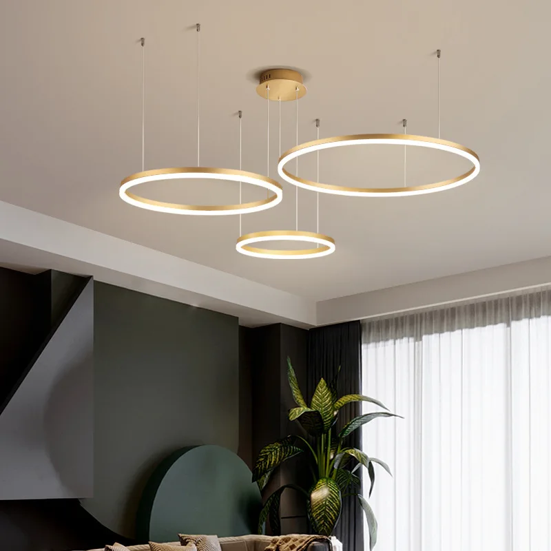 Modern Rond Ring Gold Pendant Lights For Living Room Dining Room Circle Rings Acrylic Aluminum Body LED Ceiling Lamp Fixtures