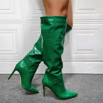 Women Thigh High Crocodile Patent Shiny Stiletto High Heels Boots Basic Party Club Ladies Shoes Woman Large Size 43 44 47 48