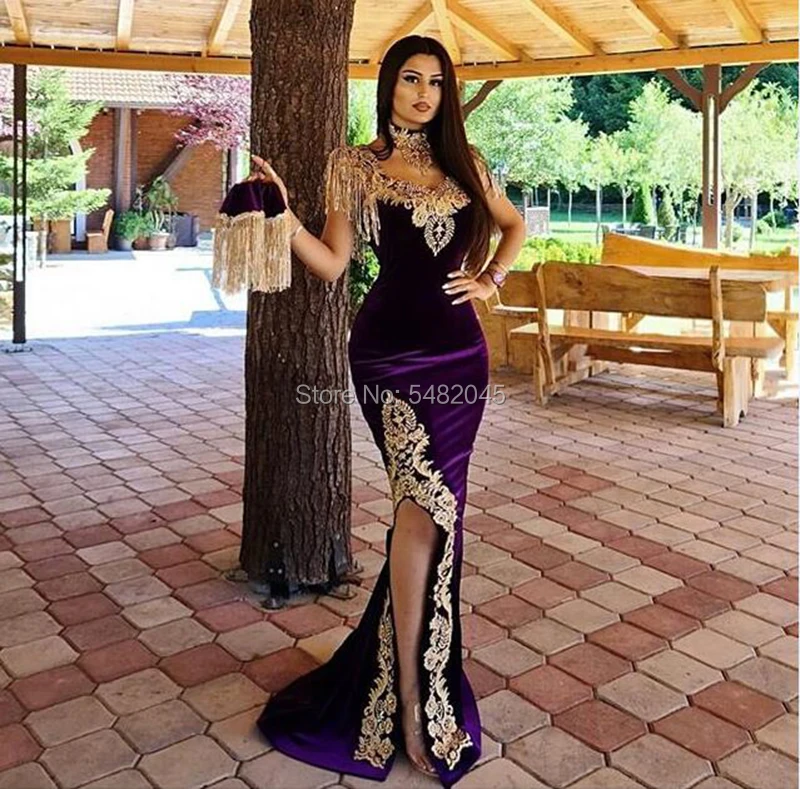 LORIE Moroccan Caftan Evening Dress with Detachable Train Gold Appliques Velvet Mermaid Dubai Arabic Prom Gown Party Dress 2021