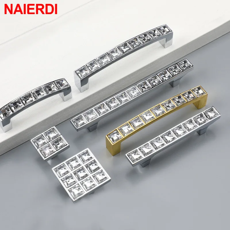 NAIERDI Luxury Diamond Crystal Cabinet Handles Silver Glass Furniture Handle Cupboard Pulls Drawer Knobs Kitchen Hardware