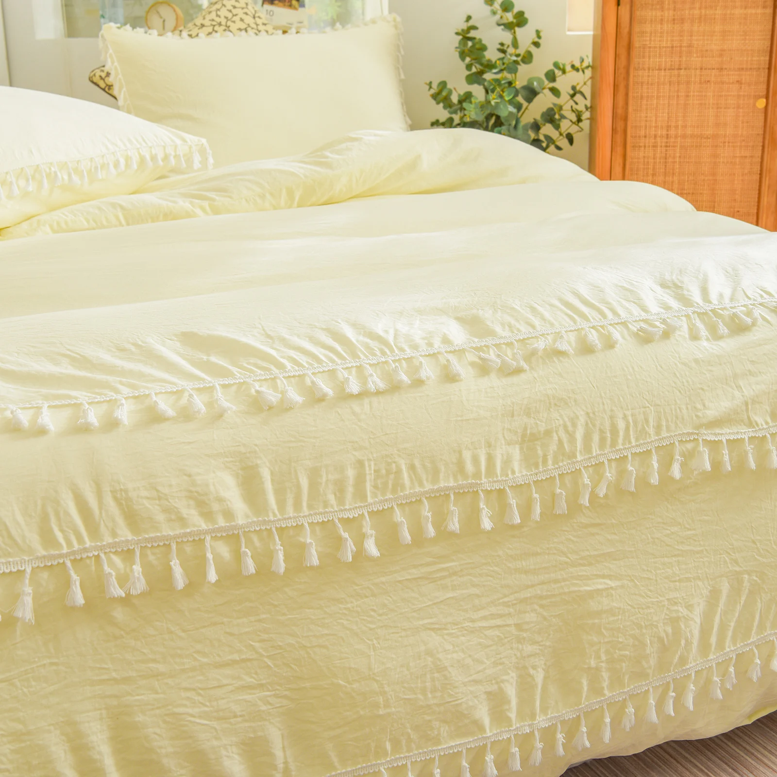 Solid Cream Bedding Set Tufted Tassel Duvet Cover Set Solid Beige Light Yellow Shabby Chic Bedding Dropshipers Bedding Sets