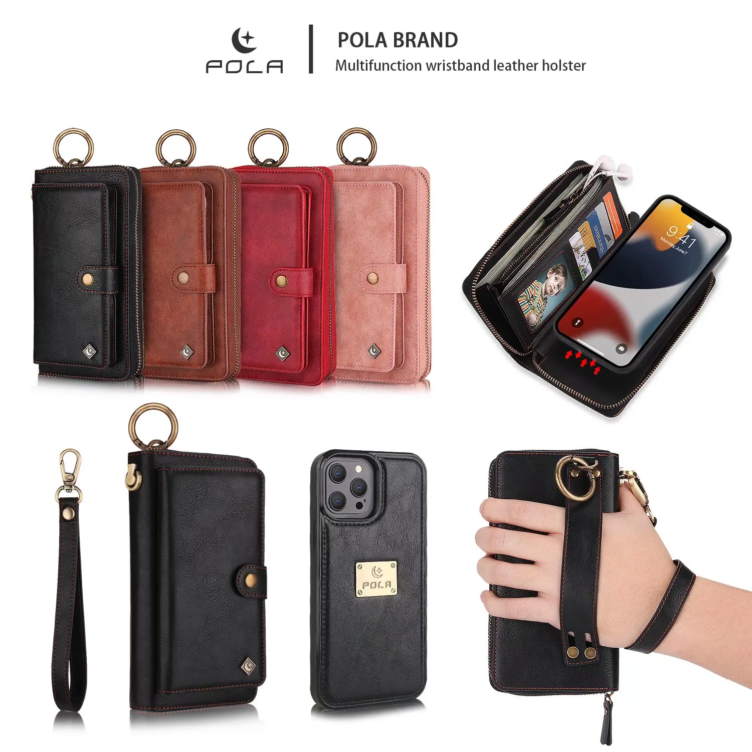 POLA Phone Case For Iphone 13 12 11 Pro 7 8 15 Plus Xs MAX XR 14 Multifunction Zipper Business Magnetic Wallet Split Cover