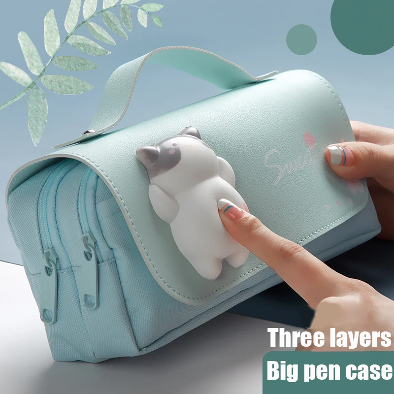 cute cat decompression pencil case grande pencil box portable girls pen bolsa bolsa escolar de dupla camada papelaria kawaii 01