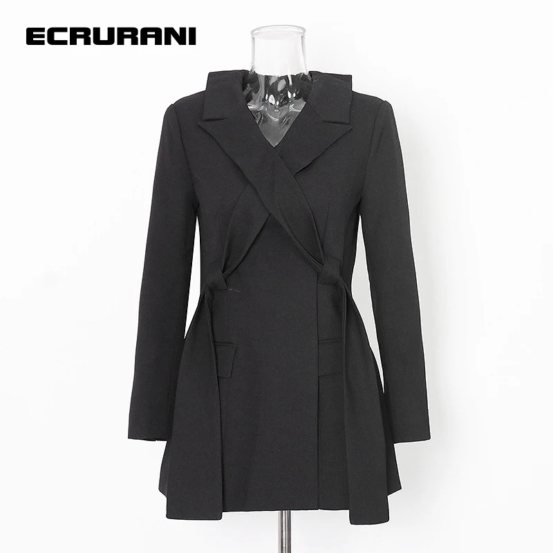 Ecrurani Zwart Temperament Blazer Voor Vrouwen Notched Lange Mouwen Hoge Taille Solid Slim Jassen Vrouwen 2021 Zomer Kleding Stijl