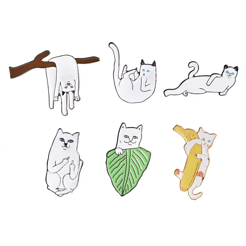 Cartoon Animal Enamel Pin Creative Middle Finger White Cat on The Branch Brooch Lapel Pin Metal Badge Jewelry Gift Drop Shipping