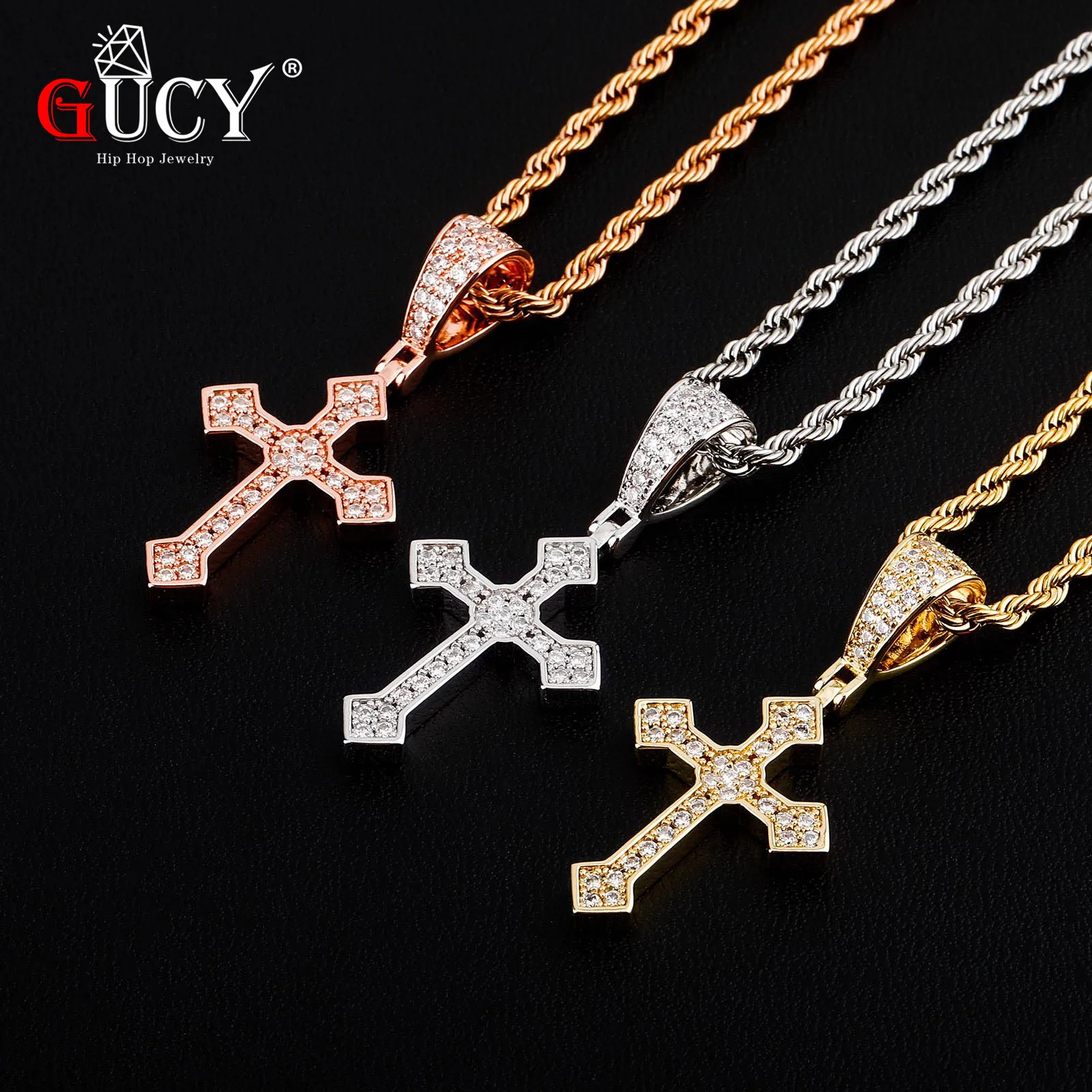 GUCY Fashion Cross Pendant With  Necklace Cubic Zircon Men's Women Pendant Hip Hop Jewelry For Gift