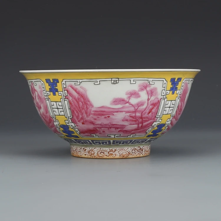 Qing Dynasty Qianlong Hand-painted Rouge Window Antique Landscape Bowl