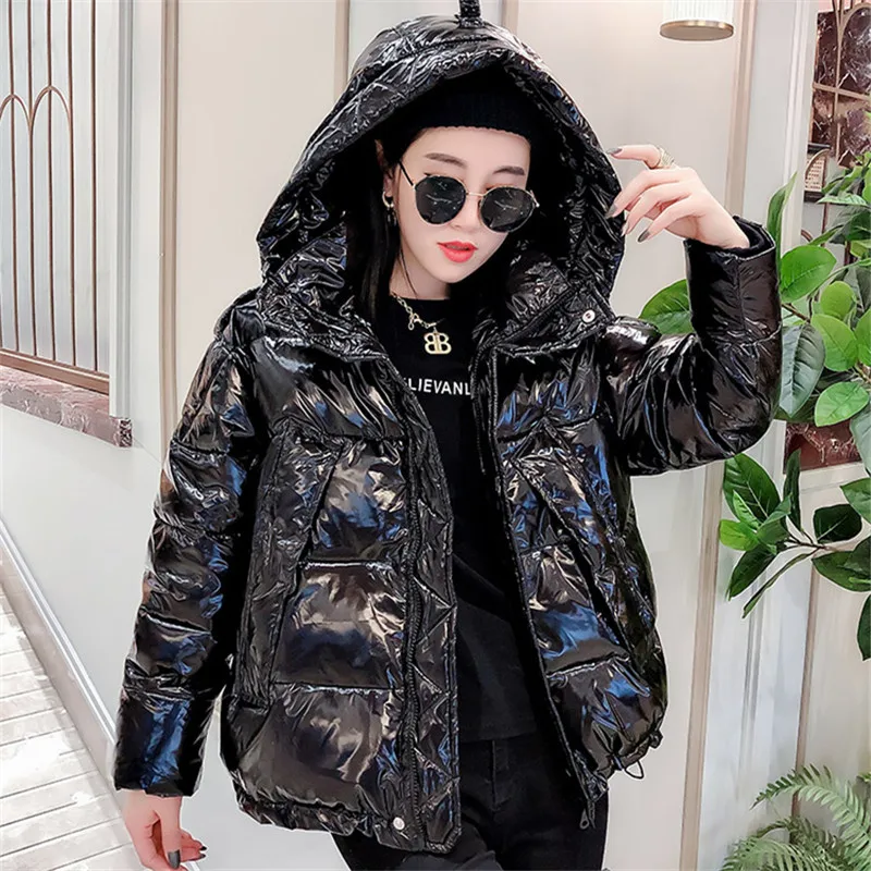 Imagem -05 - Inverno Feminino Curto Brilhante Algodão Acolchoado Cabolsa Amarelo Branco Laranja com Capuz Parkas Casual Manga Longa Feminino Outwear Streetwear 2023