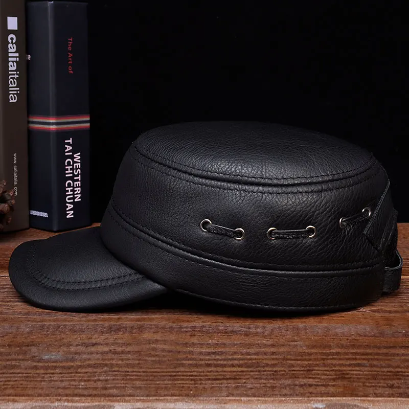 HL081 Brand New Winter Warm Real Cow Leather Caps Men\'s Genuine Leather Baseball Hat