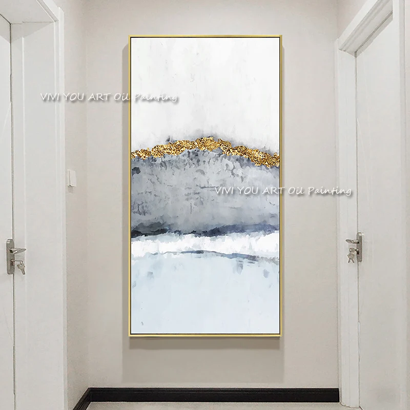 Hand-Painted Palette Knife Abstract Scenery Oil Art, Gold Leaf Calm Blue Grey Canvas Wall Art