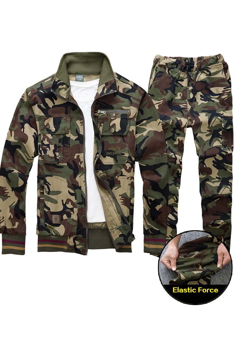 Camouflage Overalls Suit Men Cargo Sets Male Labor Insurance Cotton Welding Anti-scald Wear-resistant Elastic Men\'s Clothing