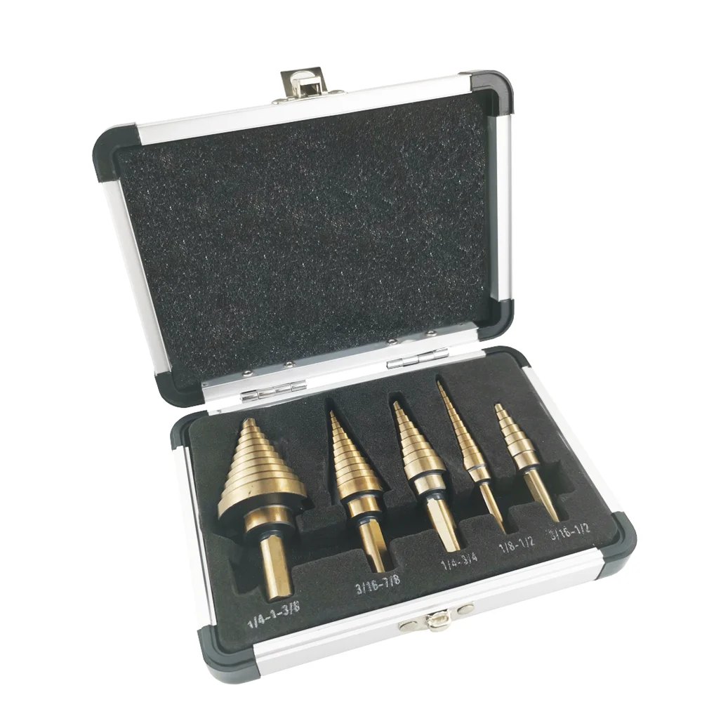 ALLSOME 5pcs Metric/Inch Hss Cobalt Step Drill Bit Set Multiple Hole 50 Sizes with Aluminum Case