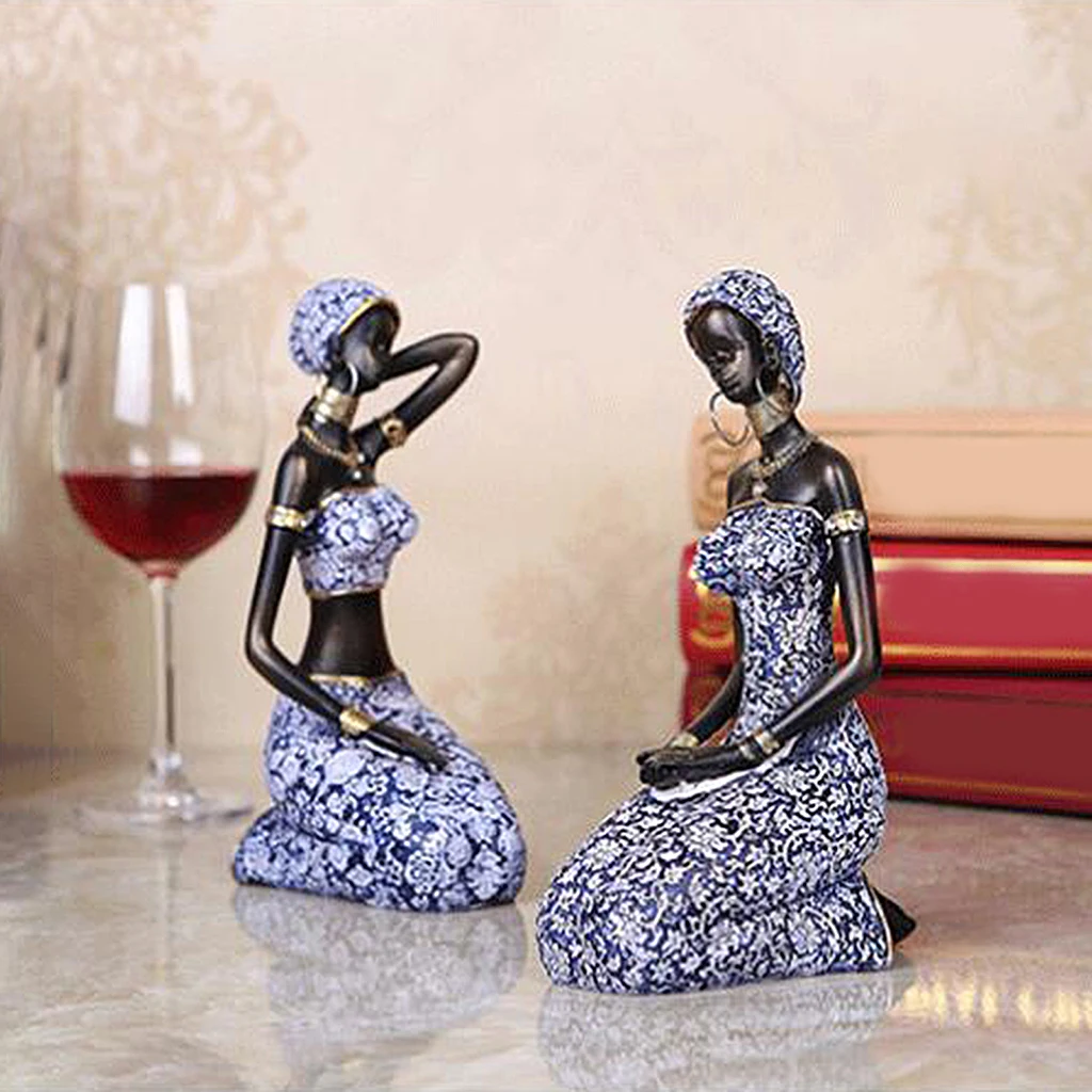 2 pz/set resina africana signora Figurine sculture tribale femminile da tavolo statua donne africane Handpaint Figurine decorazione della casa