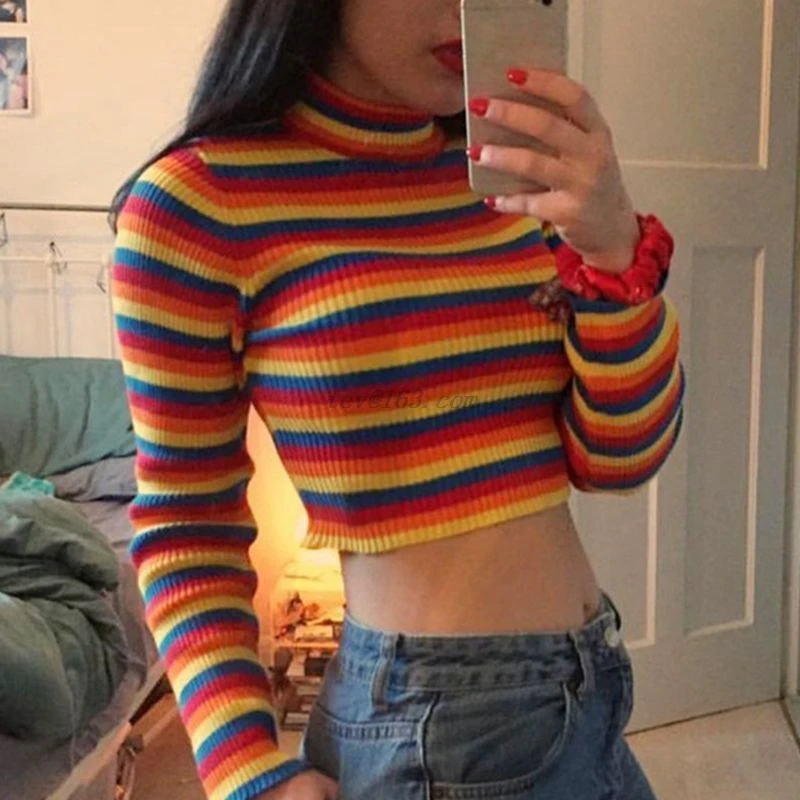 

Womens Autumn Long Sleeve Turtleneck Sweater Colorful Rainbow Stripes Short Crop Tops Bodycon Ribbed Knitted Basic Pullover Jump