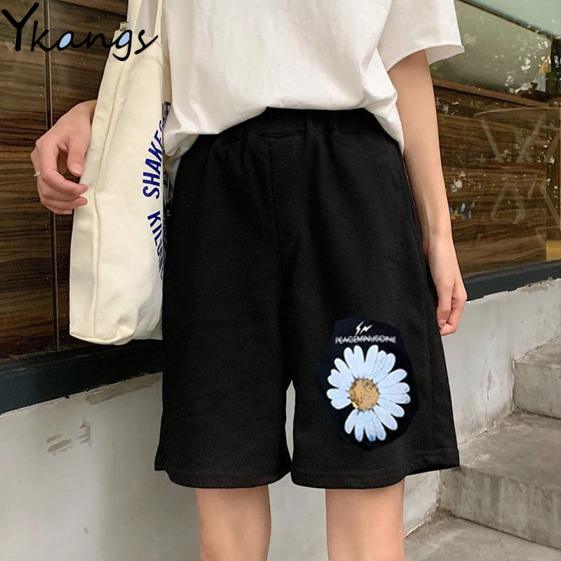 

Daisy Print Shorts Summer Women Black Vintage Streetwear Shorts Casual High Waist Elastic Loose Sport Shorts for Women Running