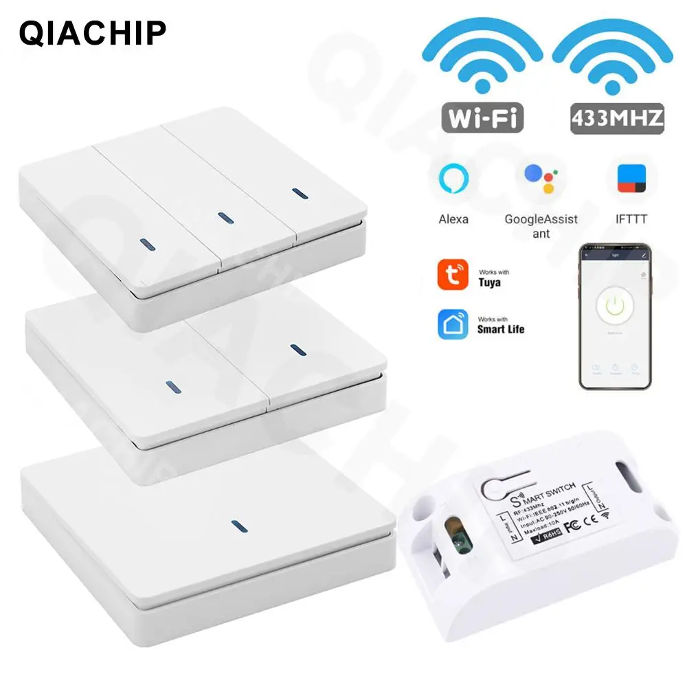 QIACHIP Tuya smart Life App Switch Light Wifi+RF Wireless Remote Control Switch 1 2 3 gang Wall Panel button Receiver led Lamp wall solar smart street lights for outdoors led waterproof exterior wall lighting courtyard lightings wiring free induction lamp