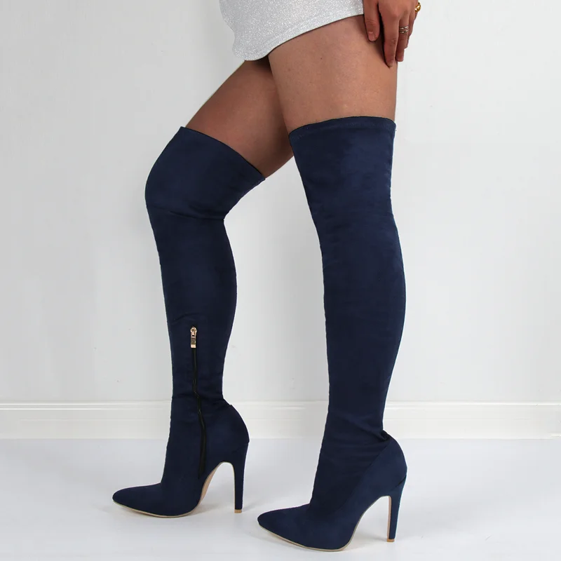 

Mature Dark Blue Stretch Long Pointy Toe Boots High Heel Women Shoes Suede Leather Over the Knee Boots Skintight Shoes