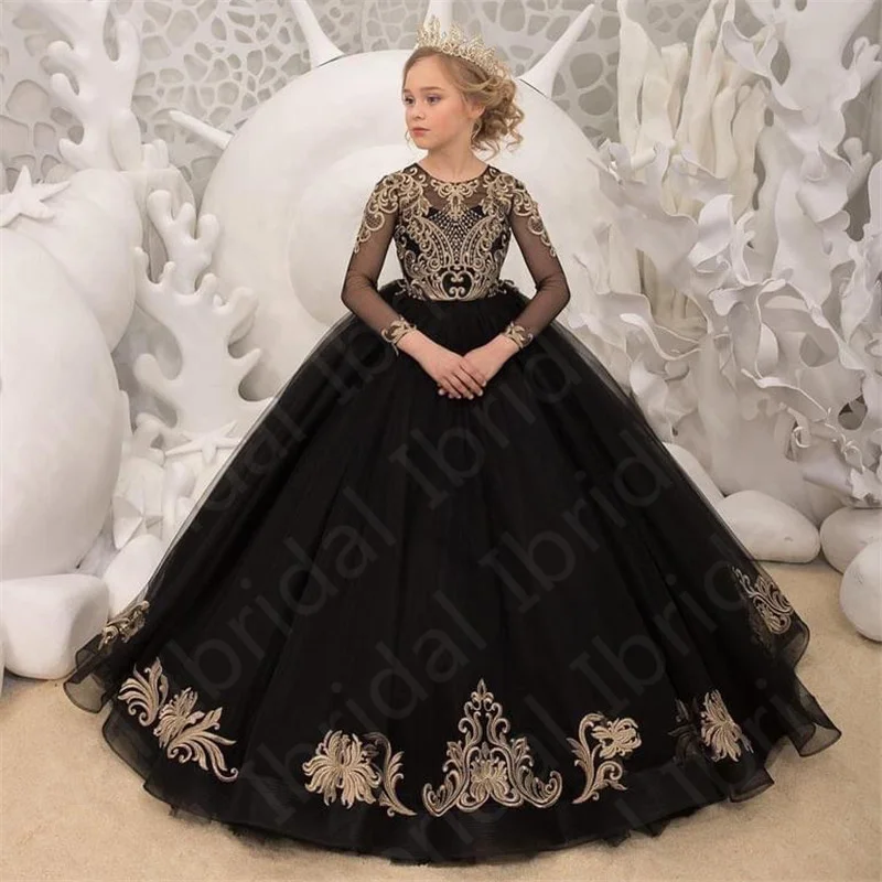 Robe de Rhà manches longues pour filles, robes de demoiselle d'honneur, col bijou en dentelle, robe de soirée pour enfants, robe de soirée pour enfants, appliques, noir, princesse, offre spéciale