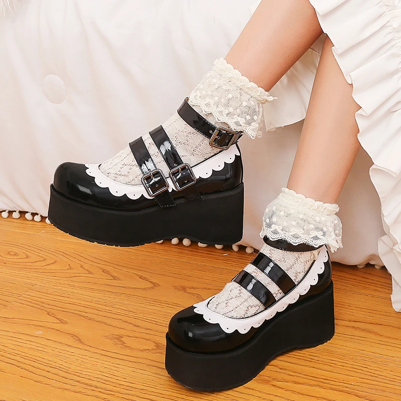 Platforms Shoes Goth for Women Mary Ankle Strap Ruffle Punk Girls Patent Leather Lolita Shoes Chunky Thick Heel Fashion Pumps