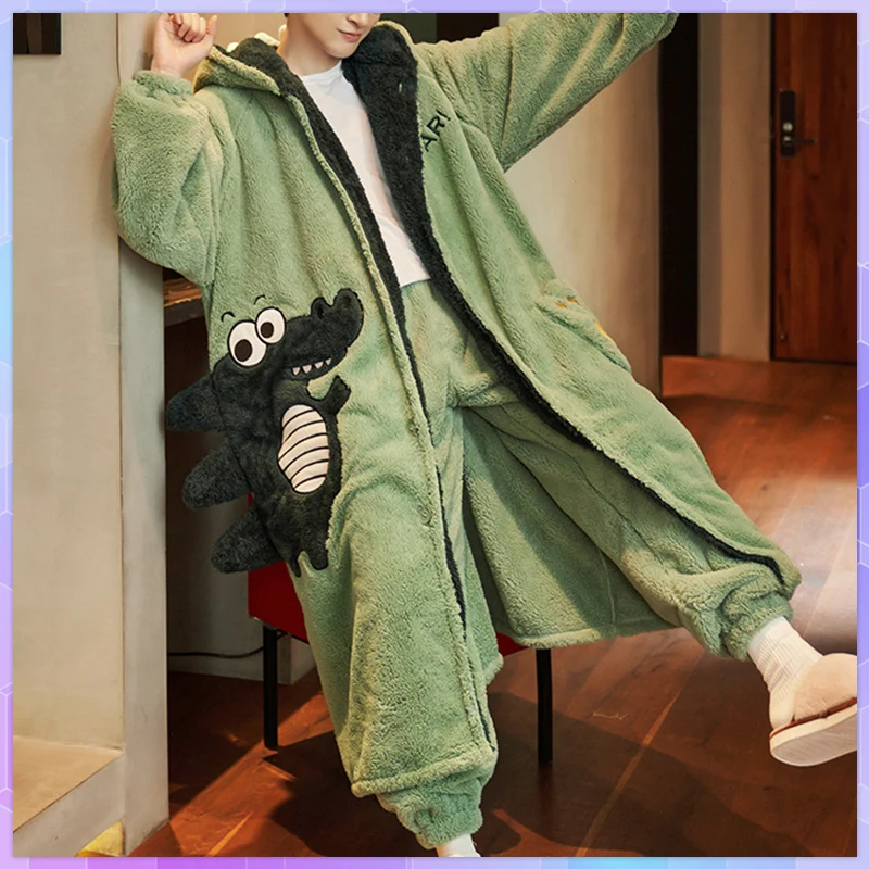 Cartoon Men's Bathrobe For Home Clothes Casual Kimono Winter Flannel Warm Long Robe Sets Thick  Sleepwear Plus Size Nightgown