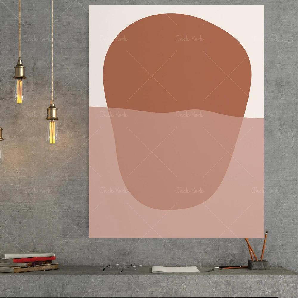 Erdtöne, abstrakte Formen, Digitaldruck, abstrakte moderne Wandkunst aus der Mitte des Jahrhunderts, neutrale, weiche rosa und gebrannte orange rostfarbene Farbe