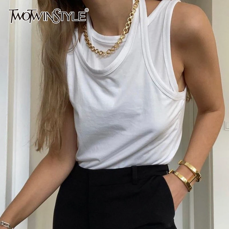 

TWOTWINSTYLE Asymmetrical White Sexy Vest For Women Irregular Hem Sleeveless Fake Two Casual Vests Female Fashion New Clothing