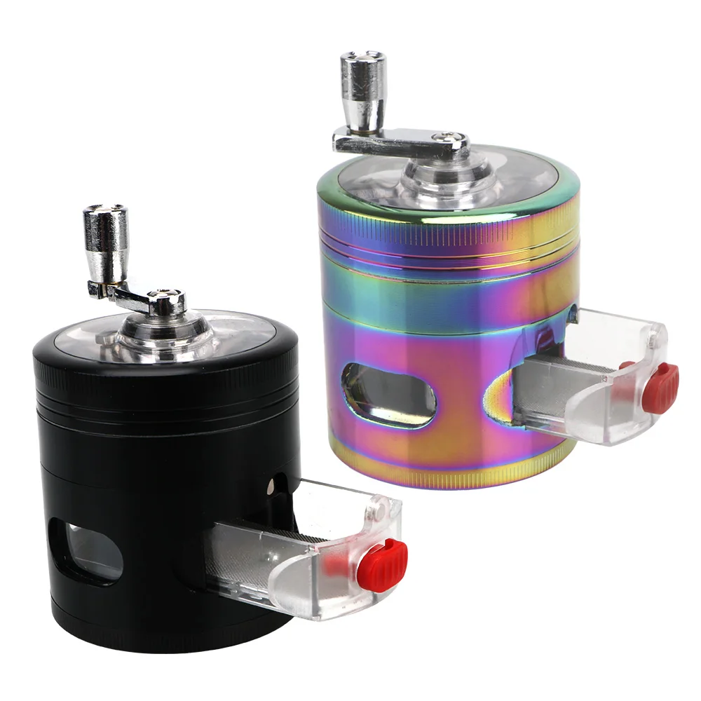 4 Layers Tobacco Grinder With Drawer Herb Grass Smoke Crusher Hand Cranked Clear Top Crank Pollinator Spice Grinders