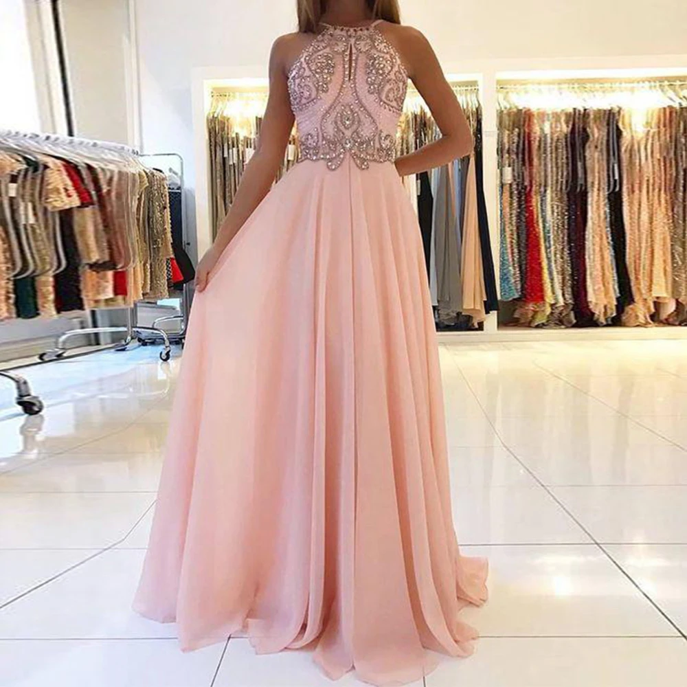 

Angelsbridep Blush Pink Halter Chiffon Vestidos De Fiesta 2022 Formal Gown With Beaded Evening Dresses Robe De Soirée Femme