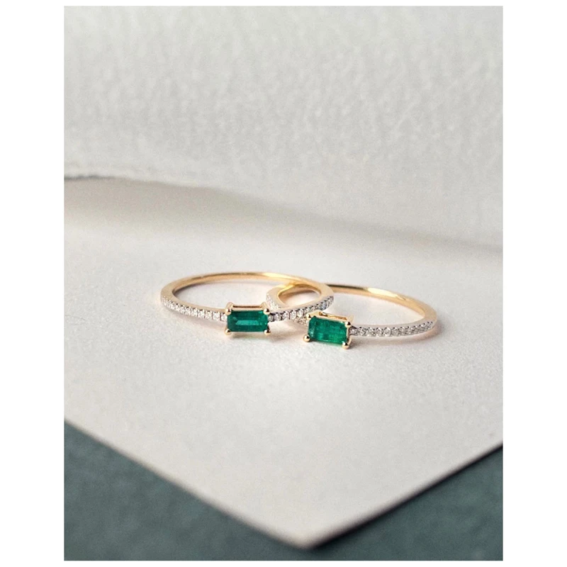 Aazuo Ins Real Solid 18K Yellow Gold Real Diamonds Natural Emerald Square Line Rings gifted for Women  Au750