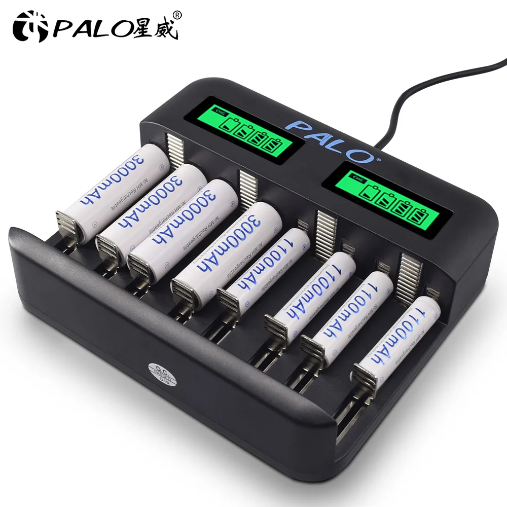 Palo 8 slots rápido inteligente usb display lcd carregador de bateria rápido para 1.2v aa aaa c d tamanho bateria recarregável