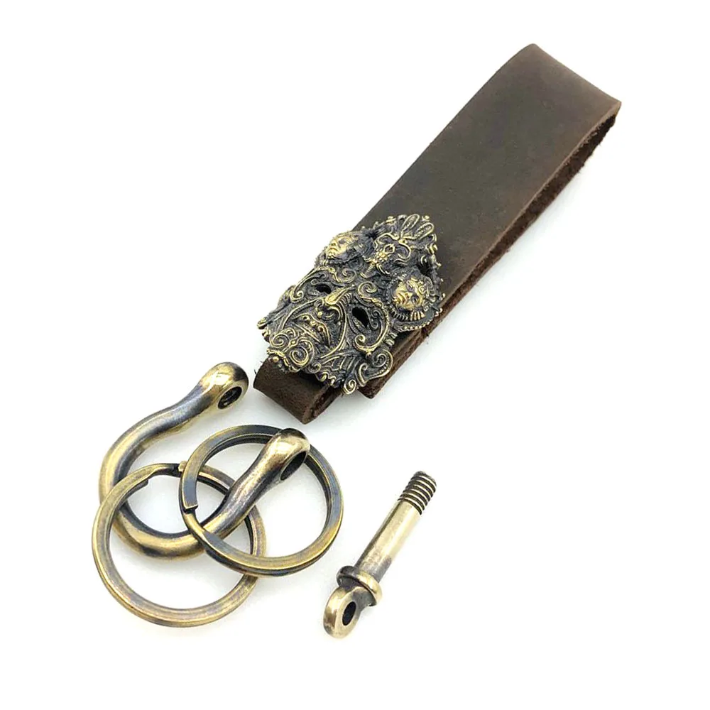 Handmade Outdoors EDC Tools Brass Carved Skull Leather Keychain Key Ring