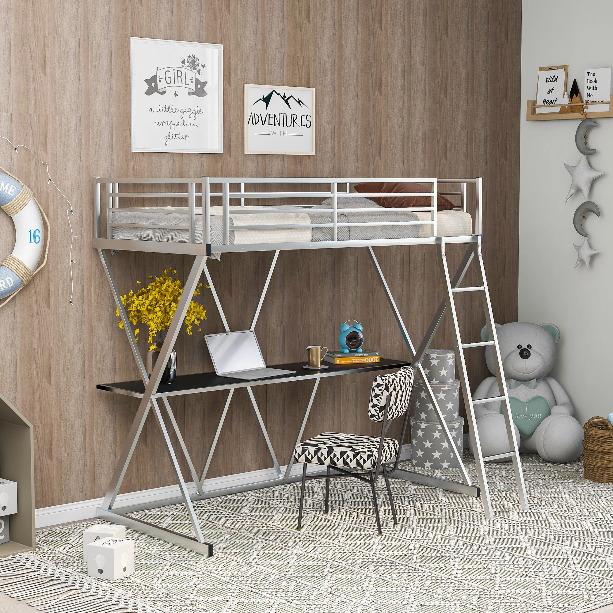 Two Colors Steel Twin Loft Bed with Desk, Loft Bed with Ladder and Full-Length Guardrails, X-Shaped Frame Bedroom Furniture