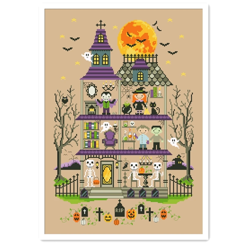 Haunted mansion cross stitch kits Halloween aida fabric 18ct 14ct 11ct flaxen linen cotton thread embroidery kits DIY craft set