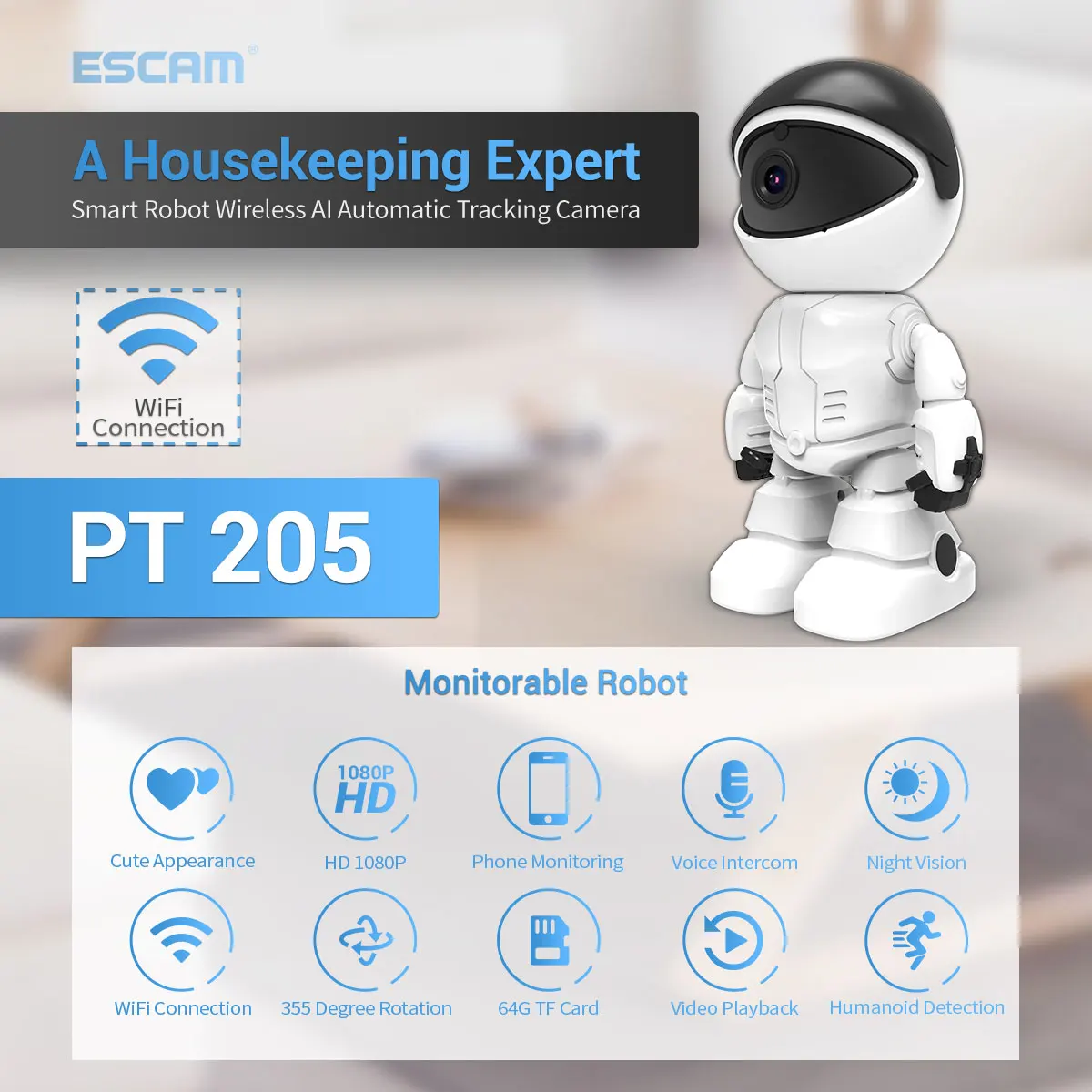 ESCAM 2MP 1080P 360 Degree Wireless PTZ  Intercom Baby Monitor Motion Detection Home Security IP Camera